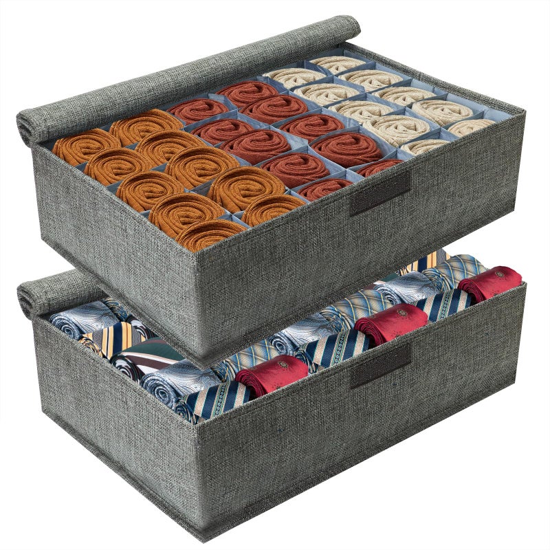 PINGMIC Gray Sock Organizer Divider 2 Pack with Lid - 30 Cell Foldable Closet Storage, Tie Organizer For Men Boxes for Socks, Ties, Belts - Image 1