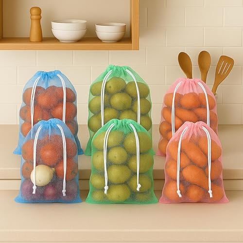 Homestrap Set Of 6 Drawstring Mesh Reusable Fridge Storage Bag For Fruits & Vegetables (9 X 13 Inches|Multicolour) - Blue - Image 1