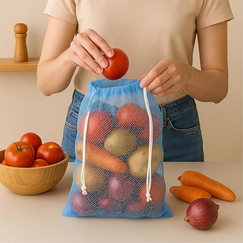 Homestrap Set Of 6 Drawstring Mesh Reusable Fridge Storage Bag For Fruits & Vegetables (9 X 13 Inches|Multicolour) - Blue - Image 4