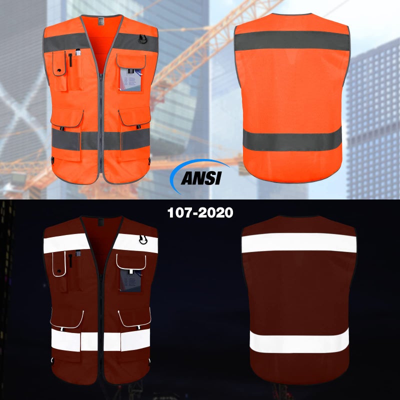 TCCFCCT Orange Safety Vest for Men Women 9 Pockets High Visibility Reflective Vest for Safety, Work Vest with Reflective Strips, Meets ANSI/ISEA Standards, Large - Image 2
