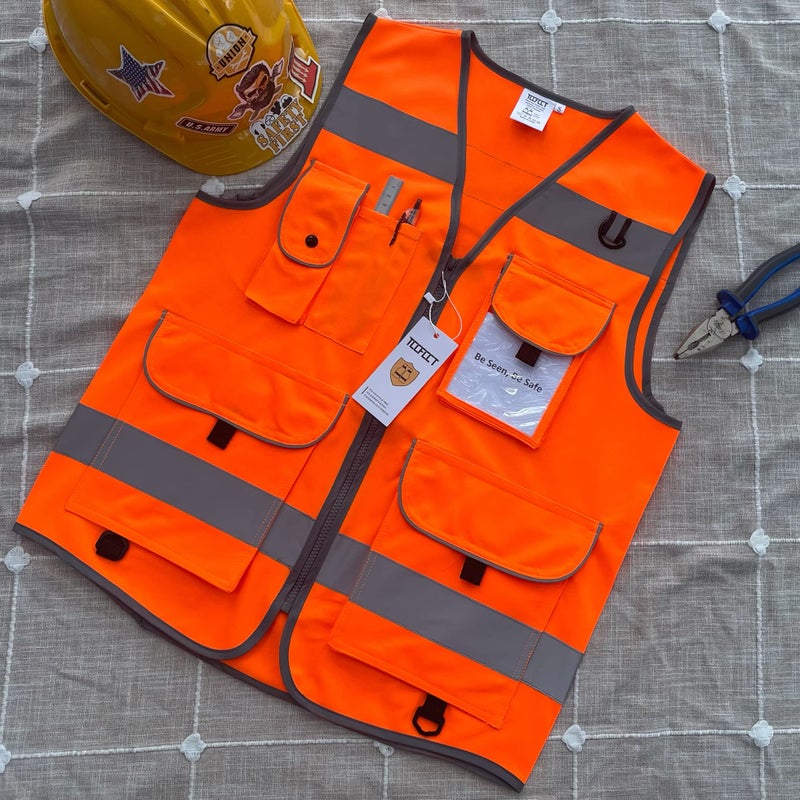 TCCFCCT Orange Safety Vest for Men Women 9 Pockets High Visibility Reflective Vest for Safety, Work Vest with Reflective Strips, Meets ANSI/ISEA Standards, Large - Image 5