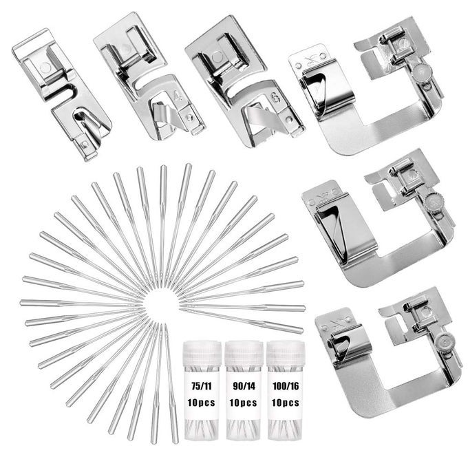 6 PCS HEMMING FOOT KIT 3 PCS NARROW ROLLED HEM SEWING MACHINE PRESSER FOOT 3 PCS WIDE HEM PRESSER FOOT AND 30 PCS SEWING MACHINE NEEDLES FOR HOUSEHOLD MULTIFUNCTION SEWING MACHINES