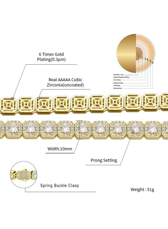 JINAO 10Mm Gold Tennis Link Bracelet For Men Women 18K Gold Plated Iced Out Cluster Diamond Cubic Zirconia Wrist Chain Square Halo Jumbo Bracelet Hip Hop Jewelry (Gold 8.0) - Image 2