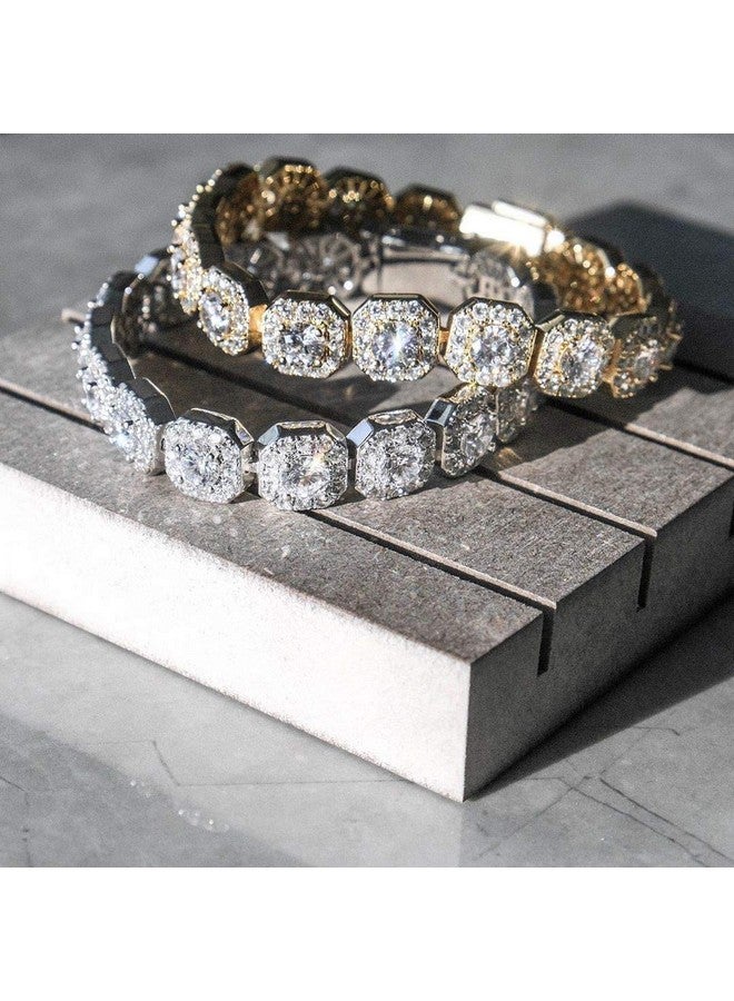 JINAO 10Mm Gold Tennis Link Bracelet For Men Women 18K Gold Plated Iced Out Cluster Diamond Cubic Zirconia Wrist Chain Square Halo Jumbo Bracelet Hip Hop Jewelry (Gold 8.0) - Image 3