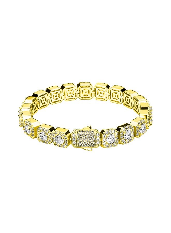 JINAO 10Mm Gold Tennis Link Bracelet For Men Women 18K Gold Plated Iced Out Cluster Diamond Cubic Zirconia Wrist Chain Square Halo Jumbo Bracelet Hip Hop Jewelry (Gold 8.0) - Image 1