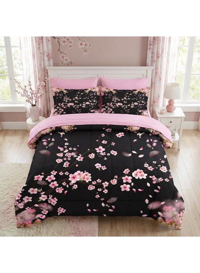 WeCozy 7 Pcs Queen Size Comforter Set with 2 Pillowcases & 2 Shams, Tree Flower Floral Bedding for Kids and Adults, Pink Cherry Blossom Bed in a Bag with Flat Fitted Sheet - Image 1