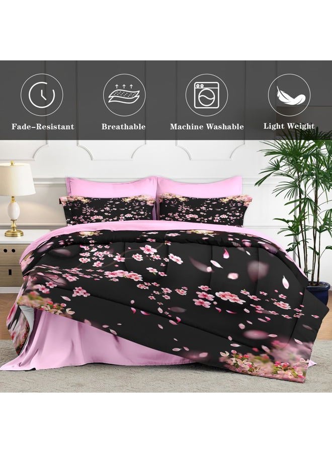 WeCozy 7 Pcs Queen Size Comforter Set with 2 Pillowcases & 2 Shams, Tree Flower Floral Bedding for Kids and Adults, Pink Cherry Blossom Bed in a Bag with Flat Fitted Sheet - Image 4