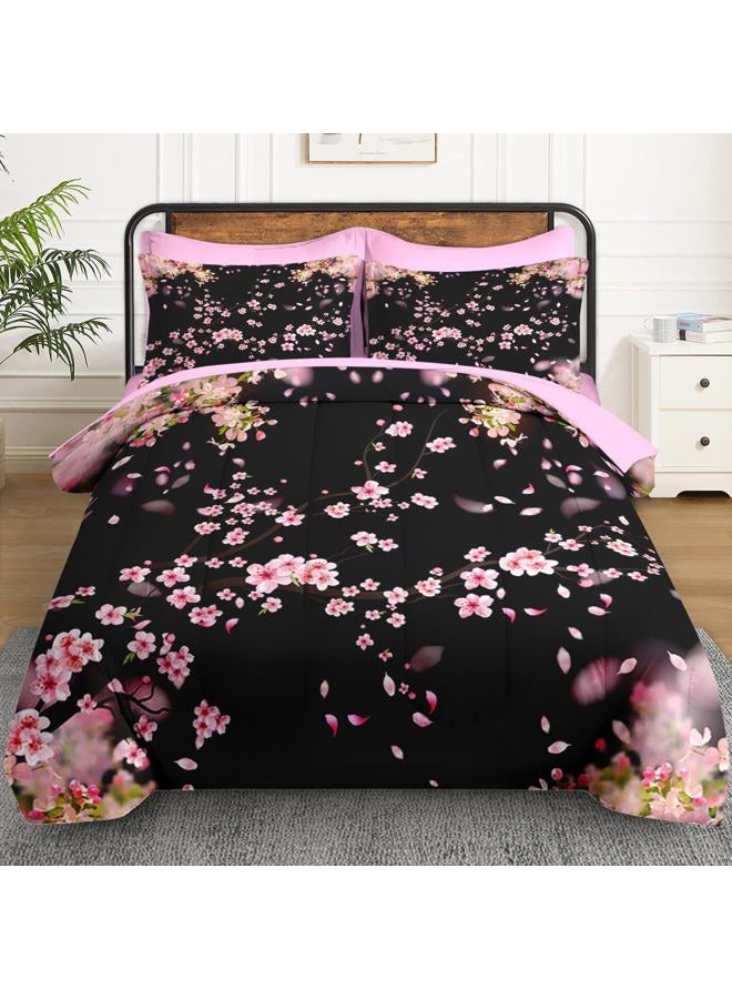 WeCozy 7 Pcs Queen Size Comforter Set with 2 Pillowcases & 2 Shams, Tree Flower Floral Bedding for Kids and Adults, Pink Cherry Blossom Bed in a Bag with Flat Fitted Sheet - Image 2