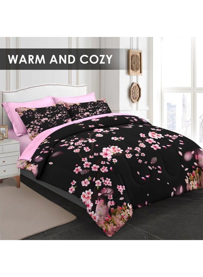 WeCozy 7 Pcs Queen Size Comforter Set with 2 Pillowcases & 2 Shams, Tree Flower Floral Bedding for Kids and Adults, Pink Cherry Blossom Bed in a Bag with Flat Fitted Sheet - Image 3