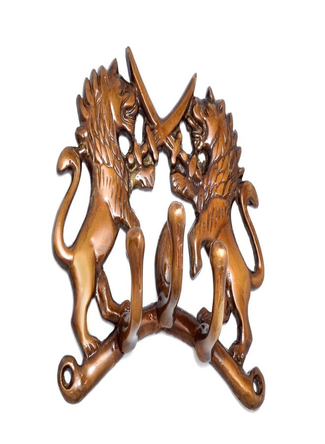 Two Moustaches Brass Fighting Lions Key Holder, Multicolor, Decorative Fighting Lion Figurine with Wall Hooks,Key Stand Key Holder, for Home,Office,Villa, 4 Hook, Brass, Pack of 1 - Image 1