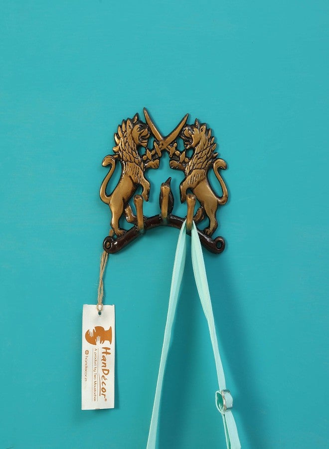 Two Moustaches Brass Fighting Lions Key Holder, Multicolor, Decorative Fighting Lion Figurine with Wall Hooks,Key Stand Key Holder, for Home,Office,Villa, 4 Hook, Brass, Pack of 1 - Image 3