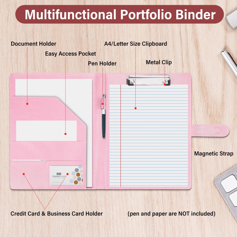 JTTJDB Professional Padfolio, Multi Function Faux Leather Portfolio Binder with Clipboard - Interview Resume Folder, Legal Document, Business Card Holder, for Office, Conference, Interviews (Pink) - Image 3