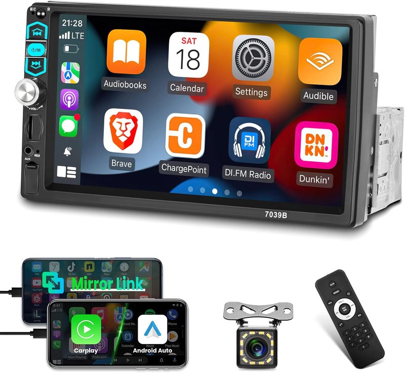 EKAT ستيريو سيارة EKAT أحادي الدين مع Apple Carplay وAndroid Auto سلكي، شاشة تعمل باللمس 7 بوصة، بلوتوث، راديو FM، كاميرا خلفية - Image 1