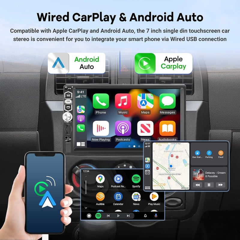 EKAT ستيريو سيارة EKAT أحادي الدين مع Apple Carplay وAndroid Auto سلكي، شاشة تعمل باللمس 7 بوصة، بلوتوث، راديو FM، كاميرا خلفية - Image 2
