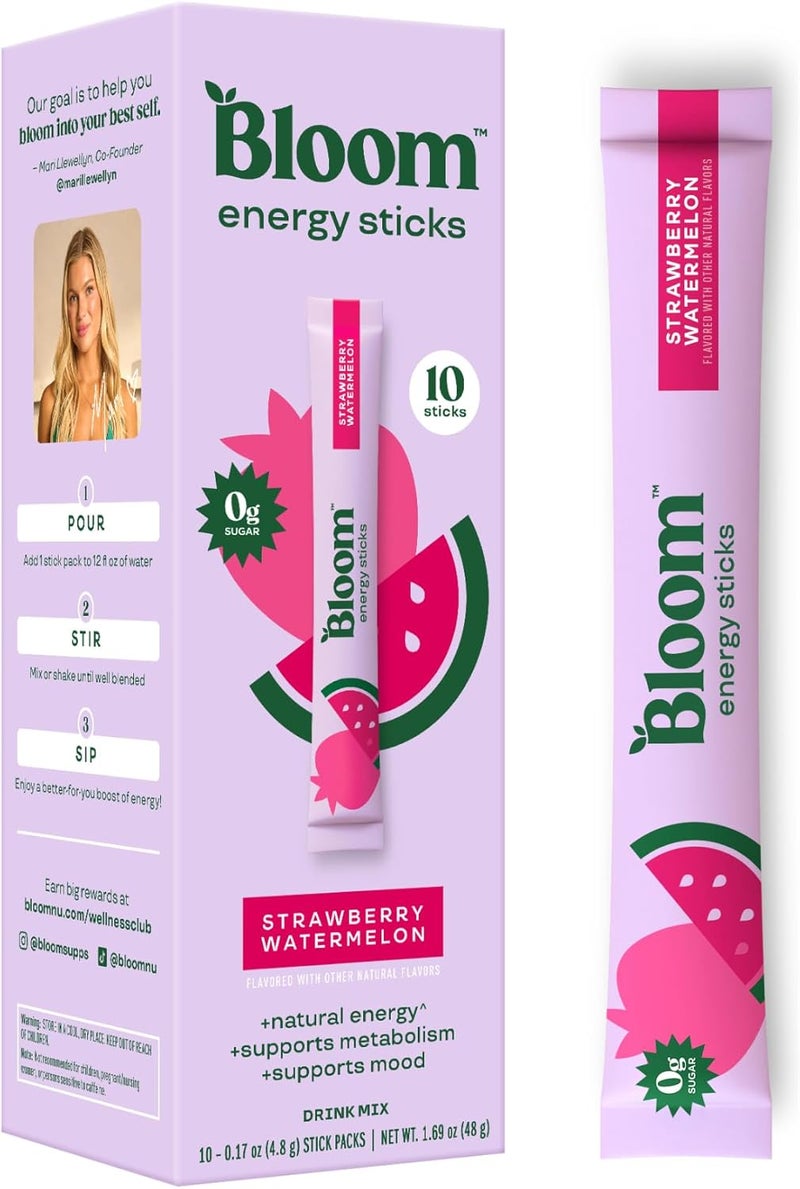 Bloom Nutrition باكيتات مسحوق مشروب الطاقة بنكهة الفراولة والبطيخ من بلوم نيوترشن - خالي من السكر، كافيين طبيعي، 10 أعواد - Image 1