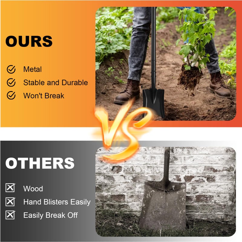 Pragmatist Small Square Shovel 43.3Inches Small Shovel with Metal Handle Garden Tool for Camping Farming Gardening Digging, Black - Image 2