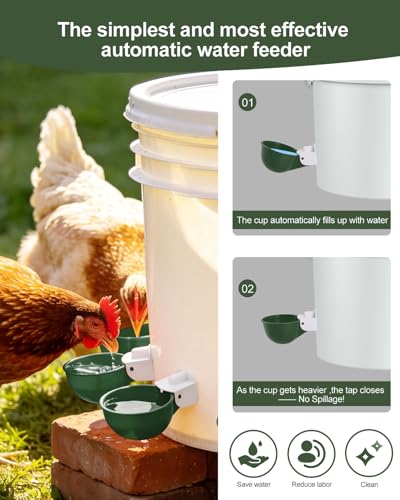 Psarnuk Chicken Waterer Cups 8 Pack Automatic Poultry Drinker Feeder Kit for Chickens Ducks Turkeys Quail Bunnies DIY Gravity Fed Bucket Water Dispenser with 38 Drill Bit Green - Image 3