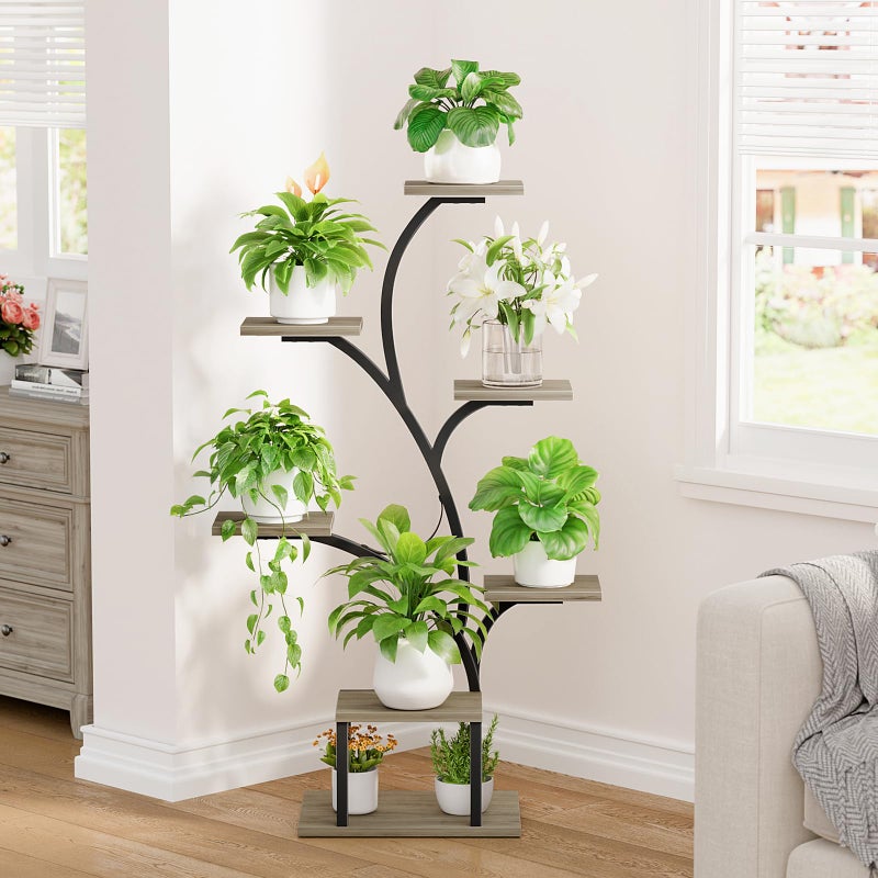 BACEKOLL Plant Stand Indoor with Grow Lights, 7 Tiered Indoor Plant Shelf, 49" Corner Plant Stands for Indoor Plants, Metal Plant Flower Display Shelf, Tree-Shaped Plant Rack for Home, Patio, Grey - Image 4