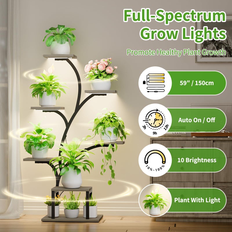 BACEKOLL Plant Stand Indoor with Grow Lights, 7 Tiered Indoor Plant Shelf, 49" Corner Plant Stands for Indoor Plants, Metal Plant Flower Display Shelf, Tree-Shaped Plant Rack for Home, Patio, Grey - Image 3
