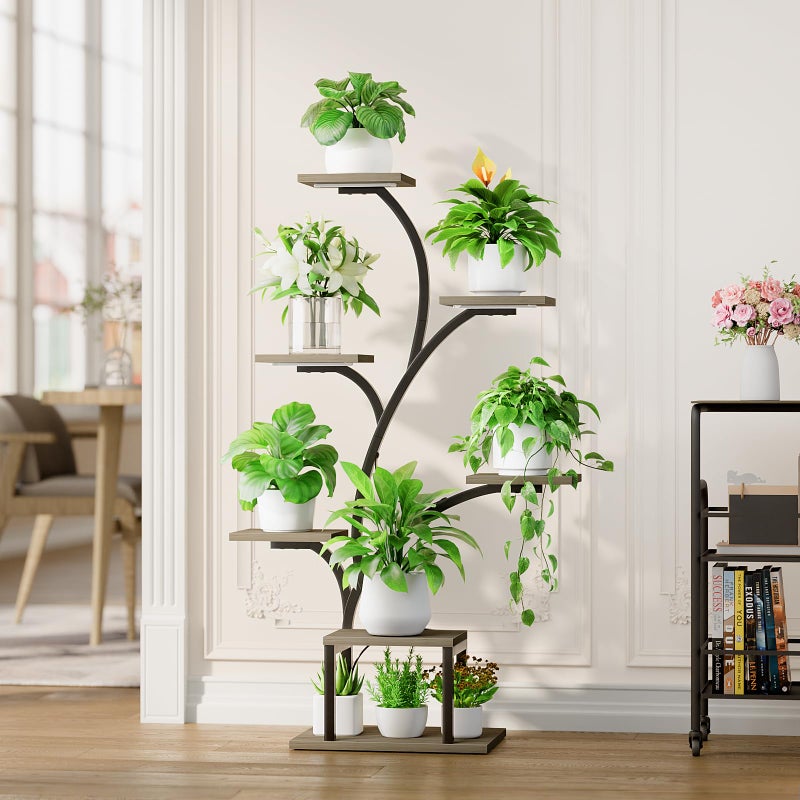 BACEKOLL Plant Stand Indoor with Grow Lights, 7 Tiered Indoor Plant Shelf, 49" Corner Plant Stands for Indoor Plants, Metal Plant Flower Display Shelf, Tree-Shaped Plant Rack for Home, Patio, Grey - Image 5