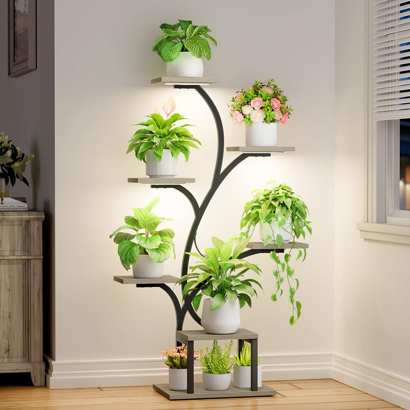BACEKOLL Plant Stand Indoor with Grow Lights, 7 Tiered Indoor Plant Shelf, 49" Corner Plant Stands for Indoor Plants, Metal Plant Flower Display Shelf, Tree-Shaped Plant Rack for Home, Patio, Grey - Image 1