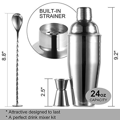 WPHUAW 24oz Cocktail Shaker Bar Set-Professional Margarita Mixer Drink Shaker and Measuring Jigger & Mixing Spoon Set-Professional Stainless Steel Bar Tools Built-in Bartender Strainer for Martini Kit - Image 3