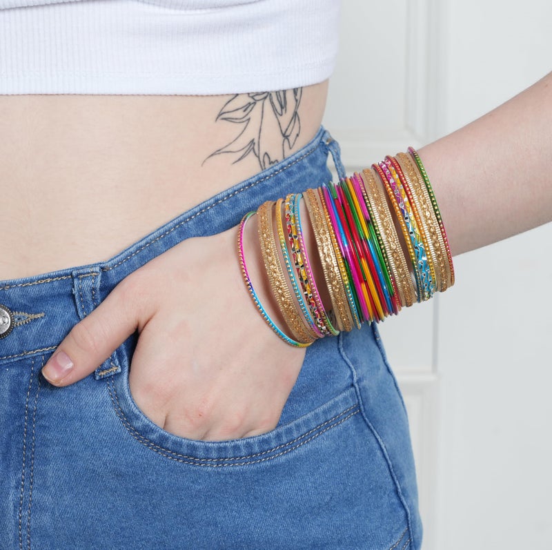 Touchstone"Colorful 2 Dozen Bangle Collection Indian Bollywood Alloy Metal Textured Multicolor Designer Jewelry Bangle Bracelets Set Of 24 In Antique Gold Tone For Women - Image 3