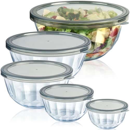 Freshmage أطقم أطباق خلط مع أغطية محكمة، 5 عبوات من الزجاج السميك للأطباق المتداخلة للطبخ، تحضير الوجبات، خالية من BPA، آمنة في غسالة الصحون، 0.5/0.8/1.6/2.7/4.4 كوارت - Image 1