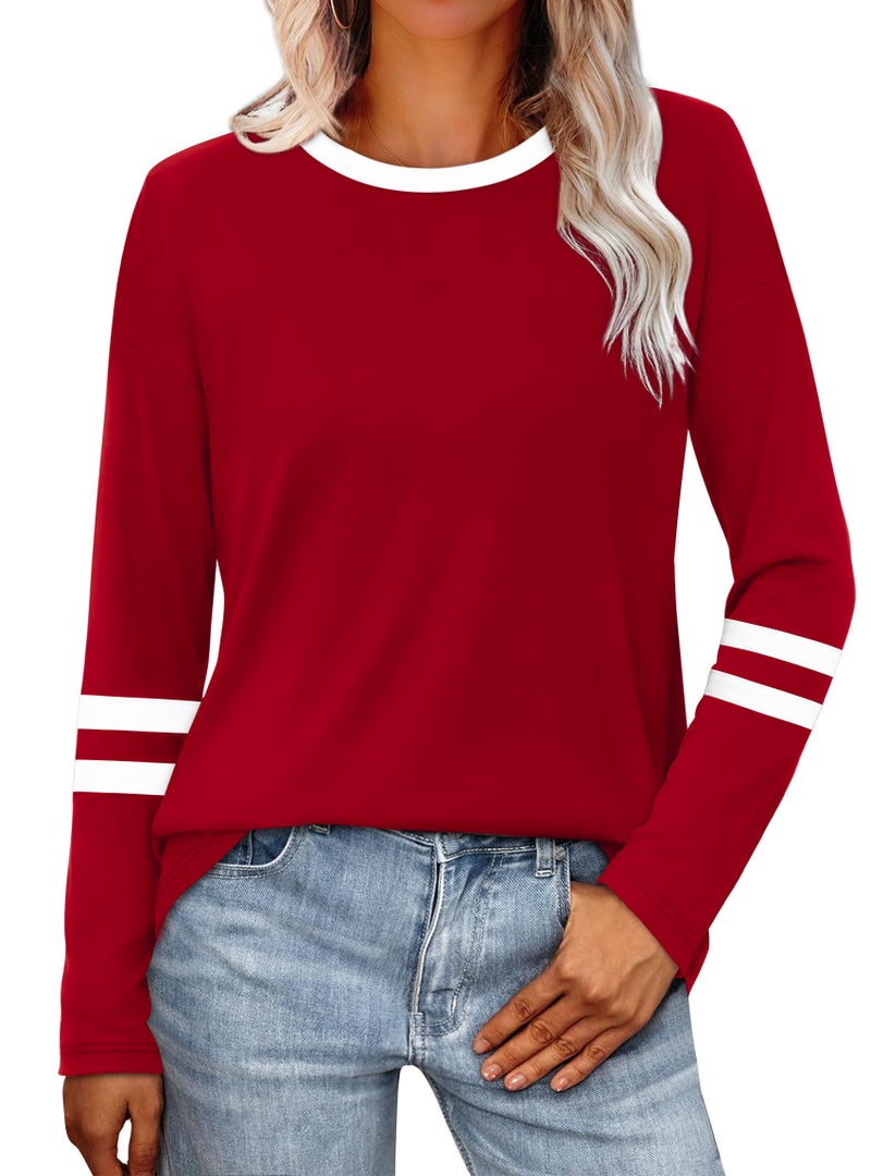 SAMPEEL Womens Long Sleeve Tops Color Block Long Sleeve Shirts for Women Early Fall Fashion School Outfits for Teachers Business Casual Tops Trendy Clothing Sporty Fall Outfits for Women 2025 Clothes Red M - Image 2