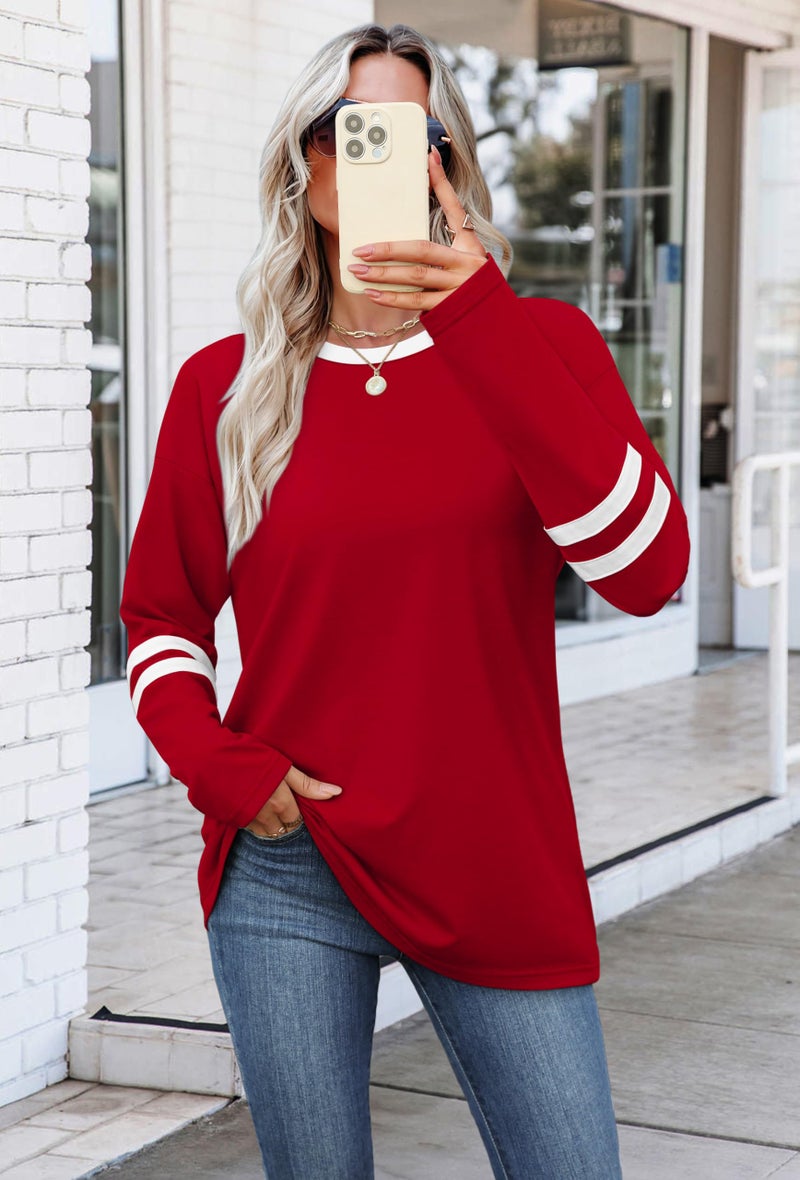 SAMPEEL Womens Long Sleeve Tops Color Block Long Sleeve Shirts for Women Early Fall Fashion School Outfits for Teachers Business Casual Tops Trendy Clothing Sporty Fall Outfits for Women 2025 Clothes Red M - Image 3