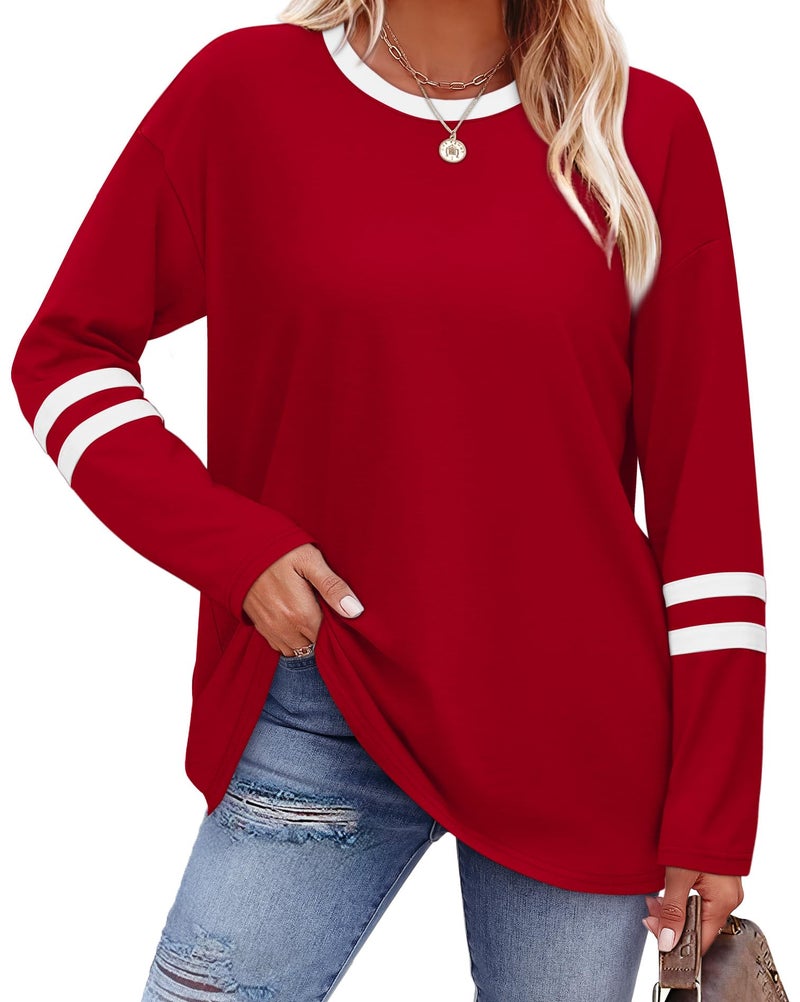SAMPEEL Womens Long Sleeve Tops Color Block Long Sleeve Shirts for Women Early Fall Fashion School Outfits for Teachers Business Casual Tops Trendy Clothing Sporty Fall Outfits for Women 2025 Clothes Red M - Image 1