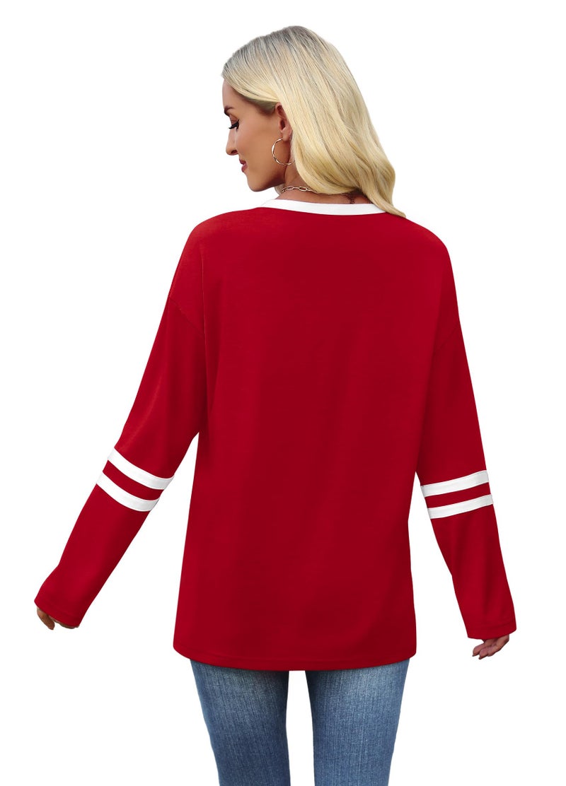 SAMPEEL Womens Long Sleeve Tops Color Block Long Sleeve Shirts for Women Early Fall Fashion School Outfits for Teachers Business Casual Tops Trendy Clothing Sporty Fall Outfits for Women 2025 Clothes Red M - Image 4