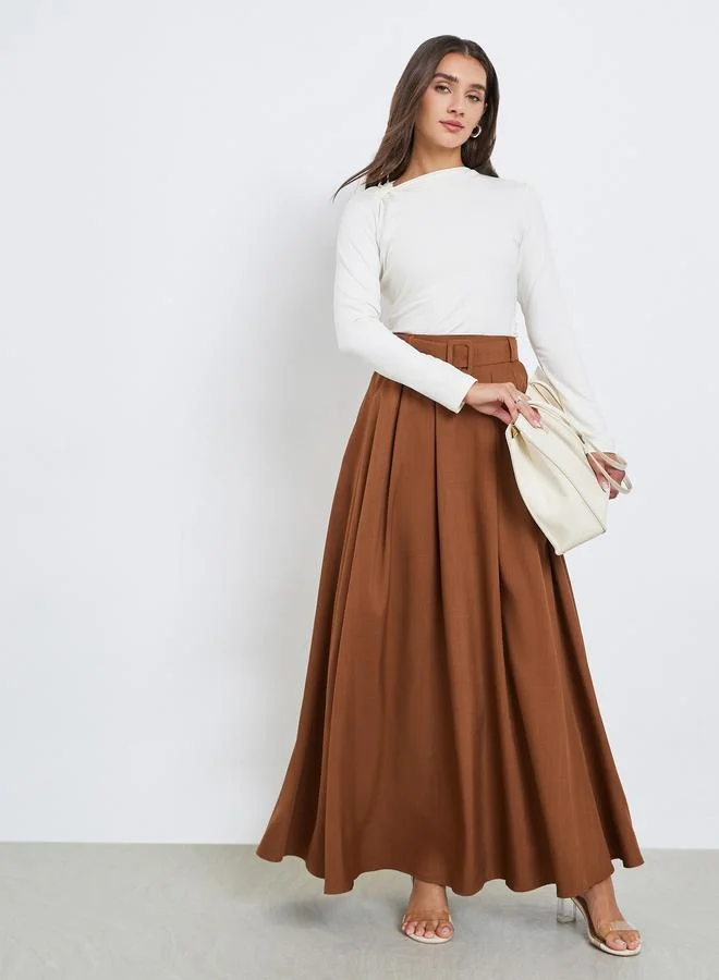 ستايلي تنورة طويلة سادة بحافة واسعة وحزام