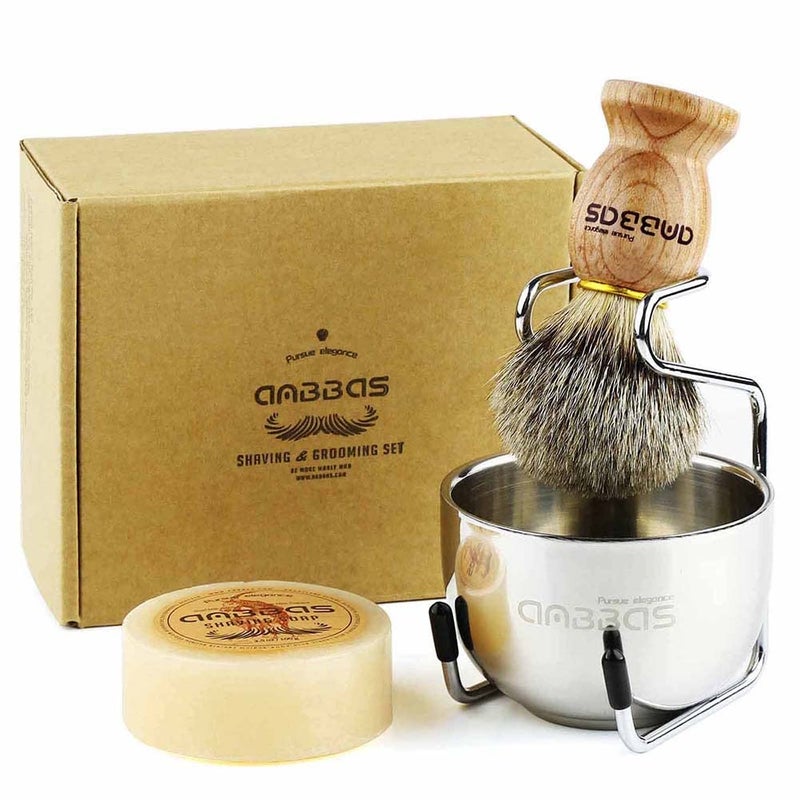 Anbbas Badger Hair Shaving Brush with Wood Handle,Goat Milk Shaving Soap 100g,Stainless Steel Shaving Stand and 2 Layers Shaving Bowl Perfect for Men Gift - Image 1