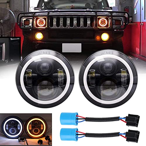 AMUNIESUN Compatible With Hummer H1 H2 AM GENERAL Pair 7Inch Headlight Lights Halo Angel Eye White DRL & Amber Turn Light With 9007 Male to H4 Female Adapter - Image 1