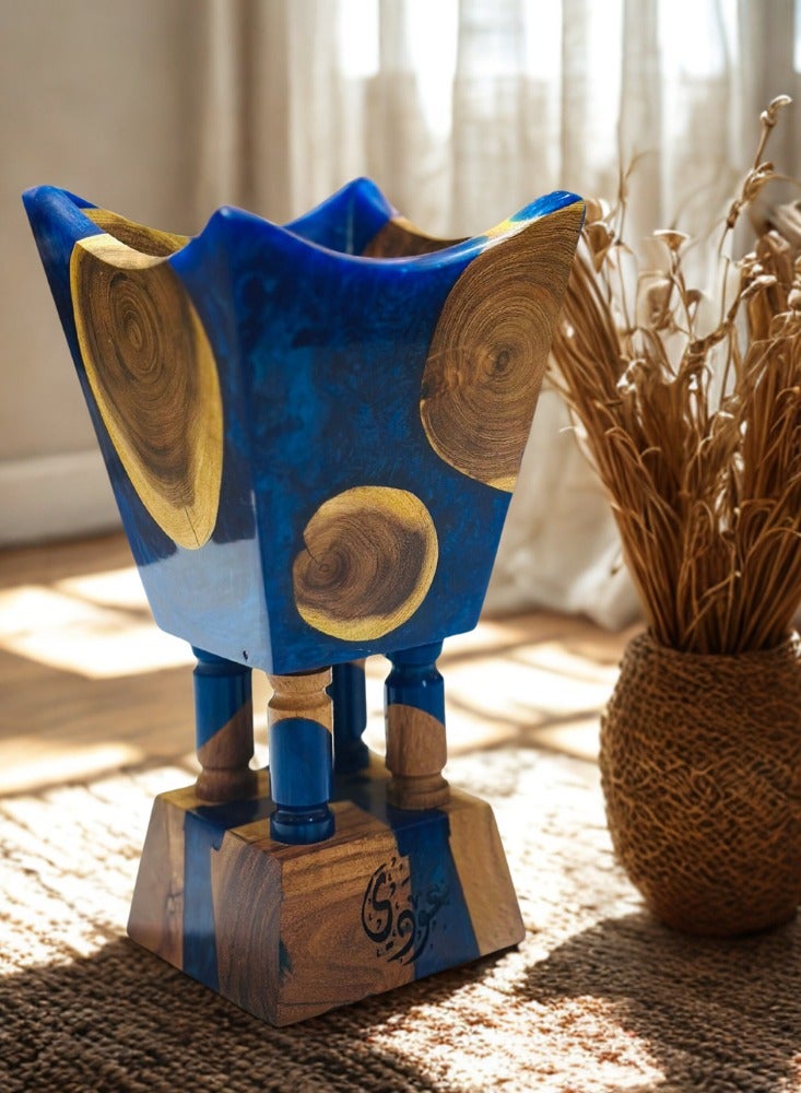 أودي مبخرة فاخرة من راتنج العود والخشب الصلب – مبخرة زرقاء يدوية بطول 9 إنش لحرق العود والبخور واللبان – مبخرة ديكورية مميزة للمنزل، المكتب، المجلس والهدايا - Image 2