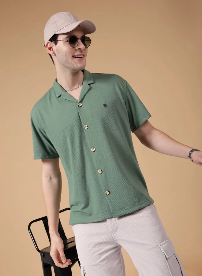 The Indian Garage Co Men Relaxed Fit Self Design Half Sleeves Cuban Collar Street Wear Shirt