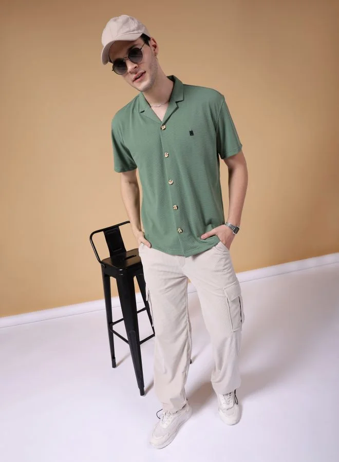 The Indian Garage Co Men Relaxed Fit Self Design Half Sleeves Cuban Collar Street Wear Shirt