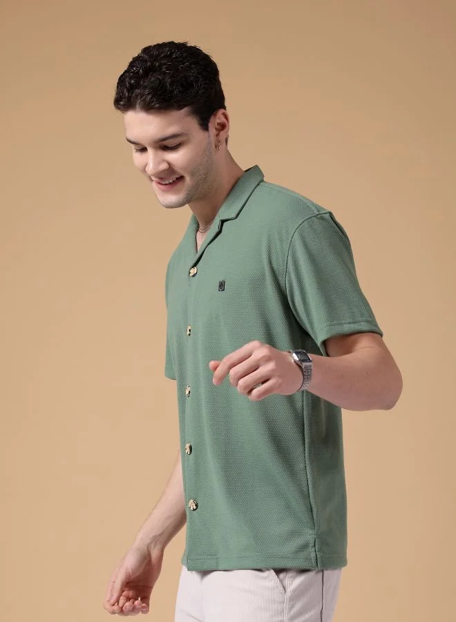 The Indian Garage Co Men Relaxed Fit Self Design Half Sleeves Cuban Collar Street Wear Shirt