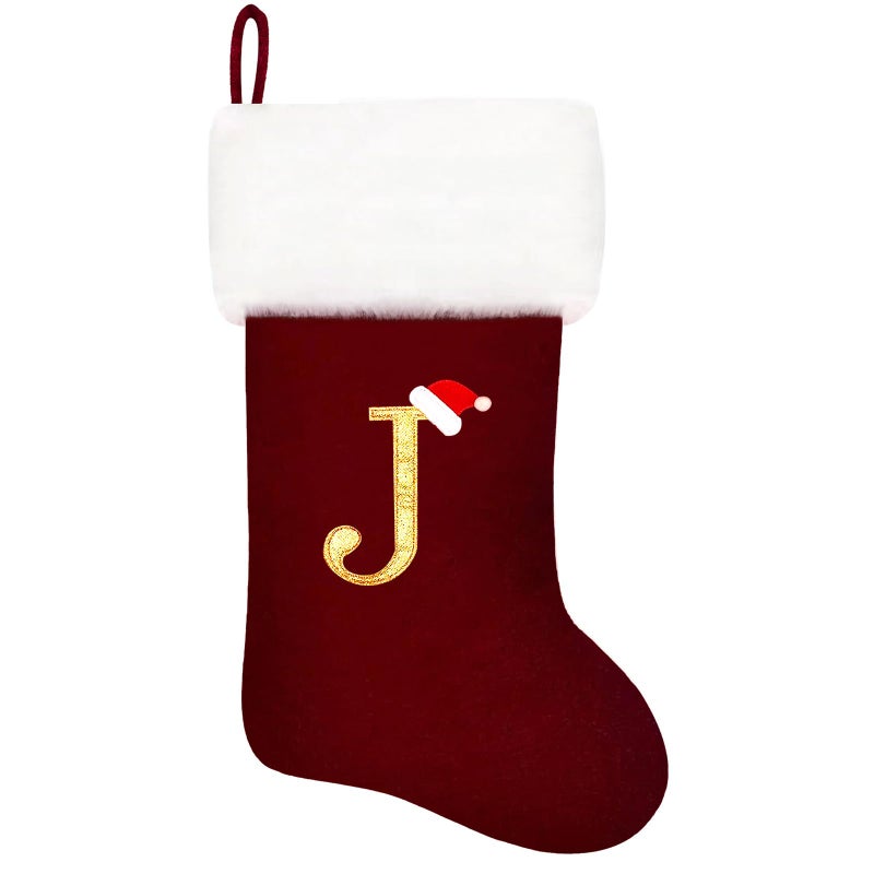 Eoocan 20 Inches Monogram Christmas Stockings Wine Red Velvet With White Super Soft Plush Cuff Embroidered Stockings Classic Personalized Stocking Decorations For Family Holiday Season Decor(Letter J) - Image 1