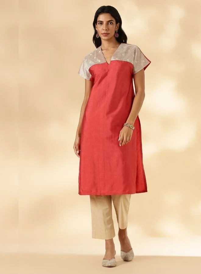 Abhishti Rust Orange Drop-Shoulder Kurta with Contrast Tissue Yoke