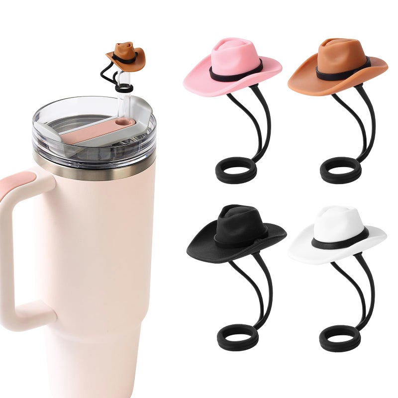 HOMDSG 4 Pack Silicone Cowboy Hat Straw Covers Cap Compatible with Stanley Cup 30 40 oz, Cute Funny Tumbler Straw Topper Accessories for Man & Woman Christmas Gift - Image 1
