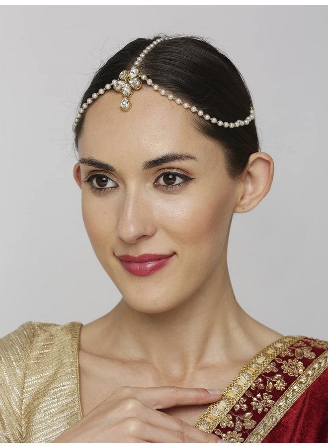 Oomph! OOMPH Jewellery Gold Kundan and Pearls Floral Traditional Maangtikka/Matha Patti/SheeshPhool For Women & Girls Stylish Latest (DDP2_AOR1) - Image 3