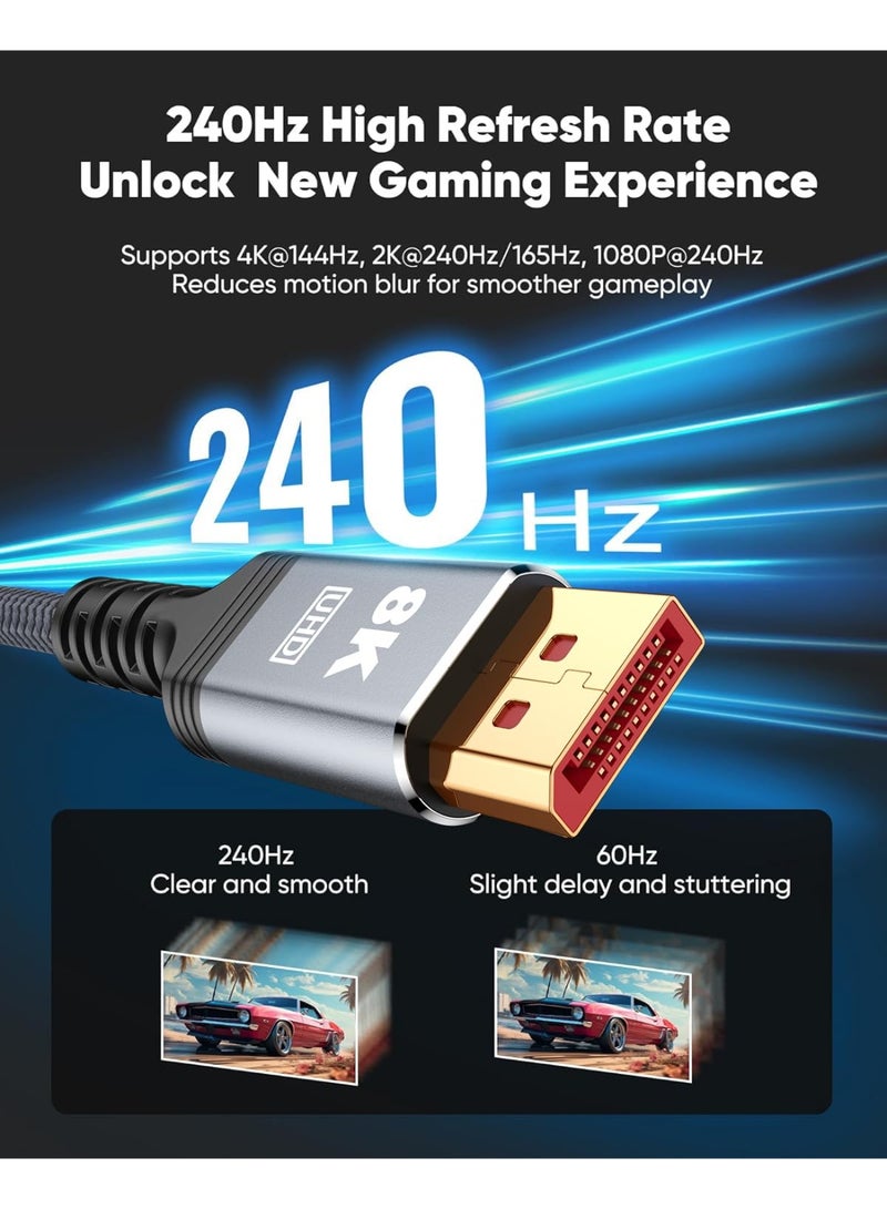 8K عرض منفذ كابل 1.4، كابل DP 2M، 2 حزمة، (8K @ 60Hz، 2K @ 240Hz، 4K @ 144Hz، 32.4Gbps)، منفذ الشاشة إلى منفذ الشاشة كابل (DP إلى كابل DP) متوافق مع الكمبيوتر المحمول شاشة ألعاب التلفزيون