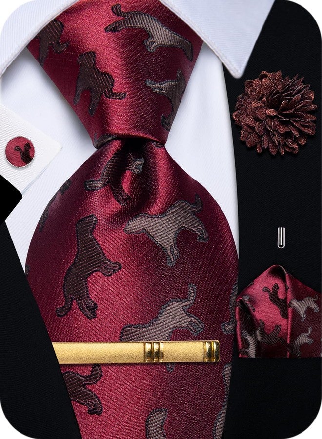 YourTies Mens Red Tie Silk Novelty Tie and Pocket Square Lapel Pin Set Animal Print Necktie for Prom Wedding Party - Image 1