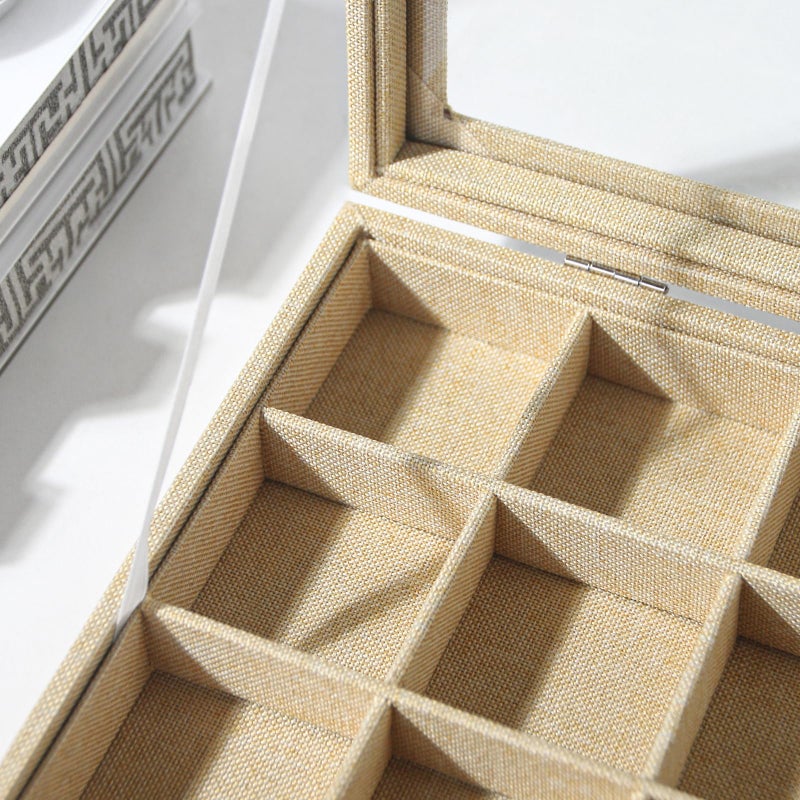 Coward Jewelry Organizer Box, Yellow Linen 24 Grids Ring Earring Jewelry Display Tray Case with Transparent Glass Lid for Home Drawer or Shop Selling - Image 2