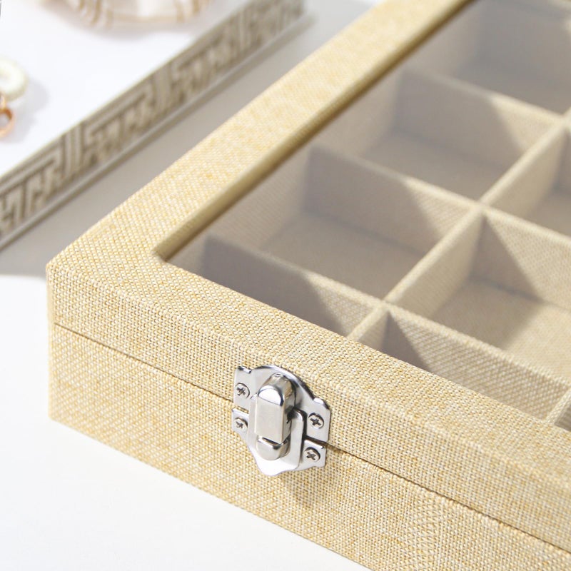 Coward Jewelry Organizer Box, Yellow Linen 24 Grids Ring Earring Jewelry Display Tray Case with Transparent Glass Lid for Home Drawer or Shop Selling - Image 4