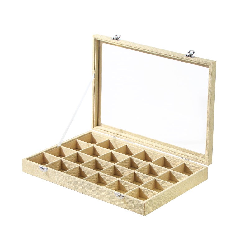 Coward Jewelry Organizer Box, Yellow Linen 24 Grids Ring Earring Jewelry Display Tray Case with Transparent Glass Lid for Home Drawer or Shop Selling - Image 1