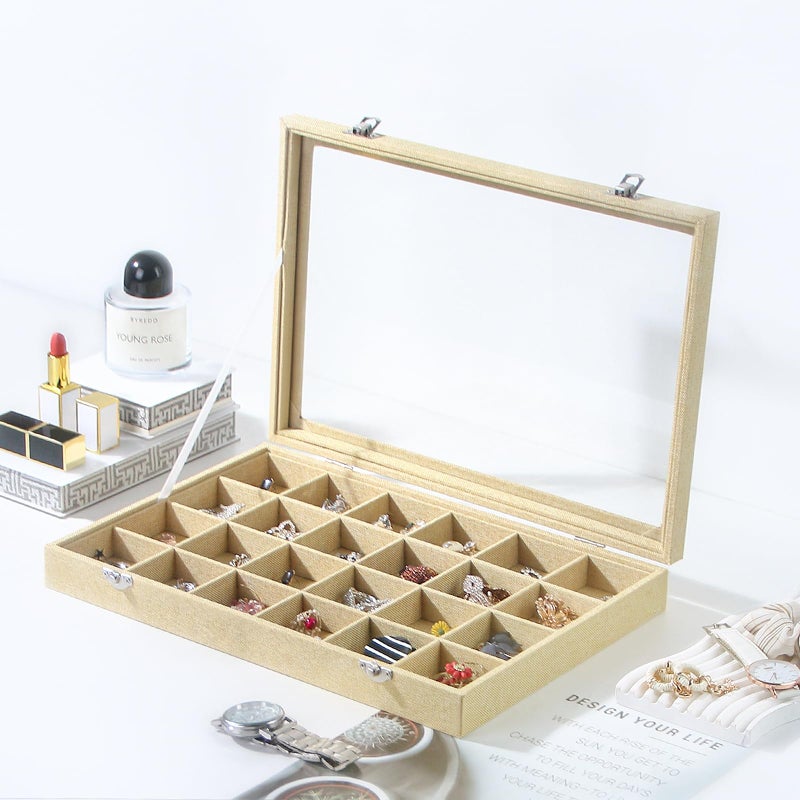 Coward Jewelry Organizer Box, Yellow Linen 24 Grids Ring Earring Jewelry Display Tray Case with Transparent Glass Lid for Home Drawer or Shop Selling - Image 3