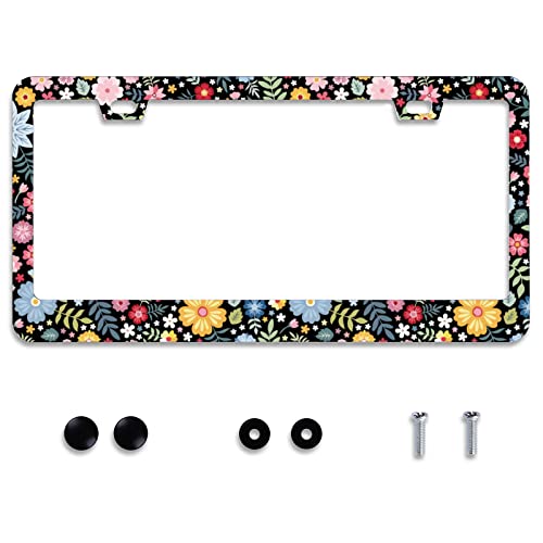 Omw2fyb Personalise Colorful Floral Flowers License Plate Frame License Plate Frames Car Universal Stainless Steel Accessories Cars Decor with 2 Holes and Screws Fits Standard US Vehicles Size 12.2 x 6 Inches - Image 1